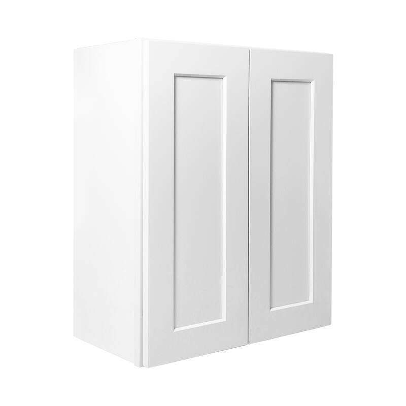 White Solid Wood Double Door Wall Cabinet 2 Doors and 3 Shelves for Kitchen Storage, Adjustable Shelves (24"W×12"D×42"H) - White