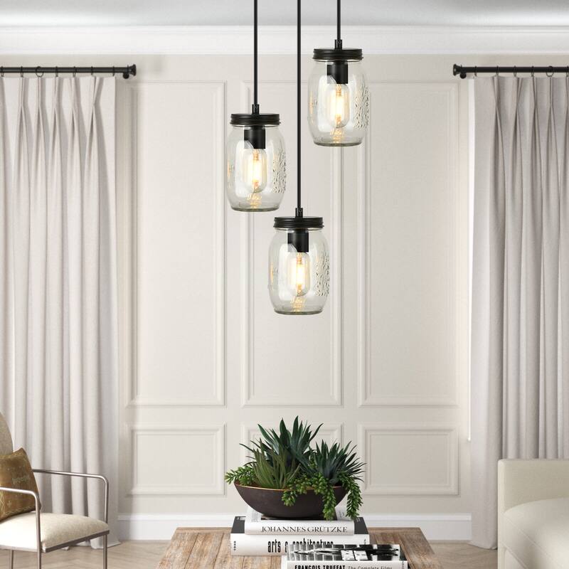 Starsky 3-Light Modern Farmhouse Adjustable Wire Abstract Ceiling Light Cluster Black Mason Jar Chandelier