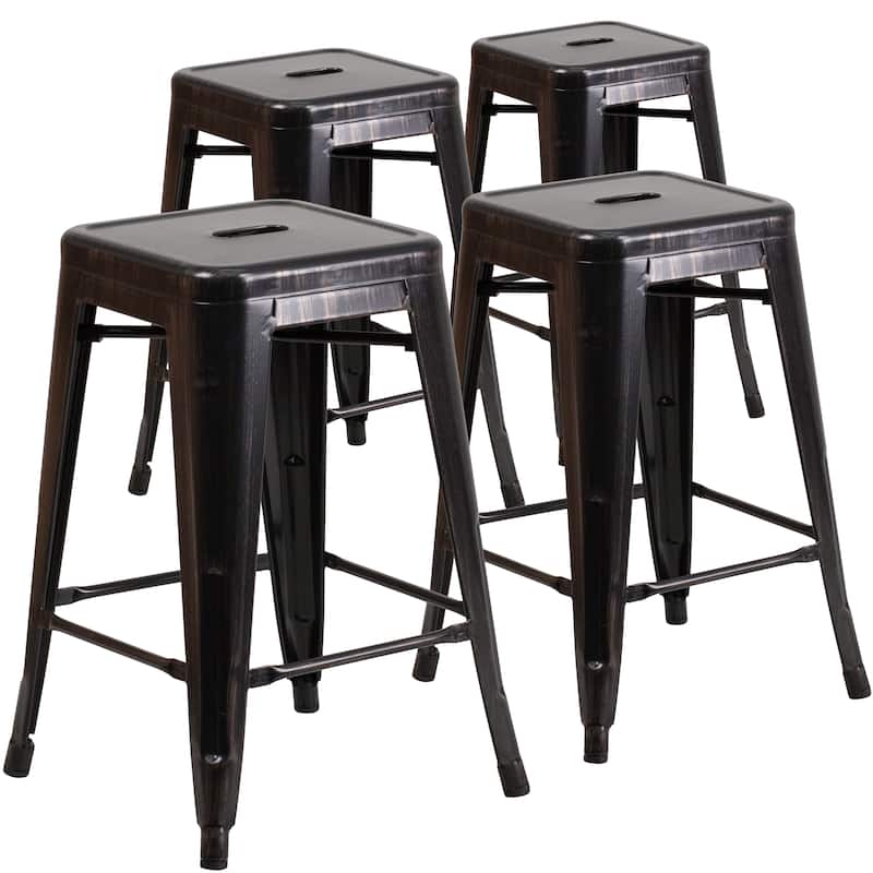 4 Pack 24"H Backless Metal Indoor-Outdoor Counter Height Stool w/Square Seat - Black-Antique Gold
