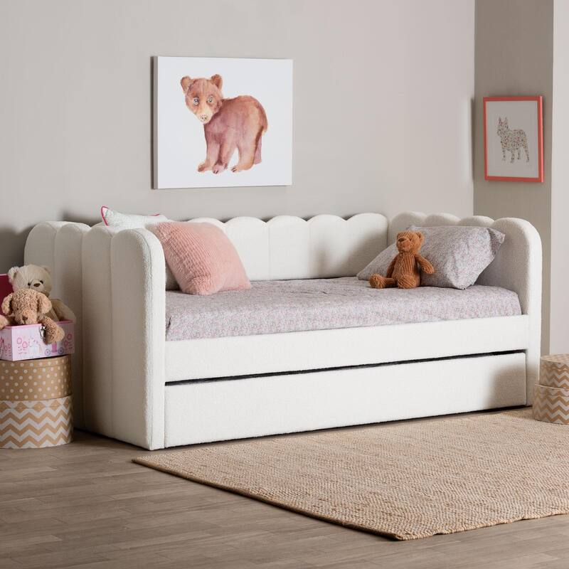Palmer Cream Teddy-Bear Fabric Daybed with Rolling Trundle - Scalloped Edge Daybed with Plush Upholstery, Modern Sofa Bed