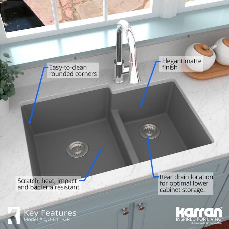 Karran Undermount Large/Small Bowl Quartz Kitchen Sink - 32" x 21.25" x 9" - 32" x 21.25" x 9"