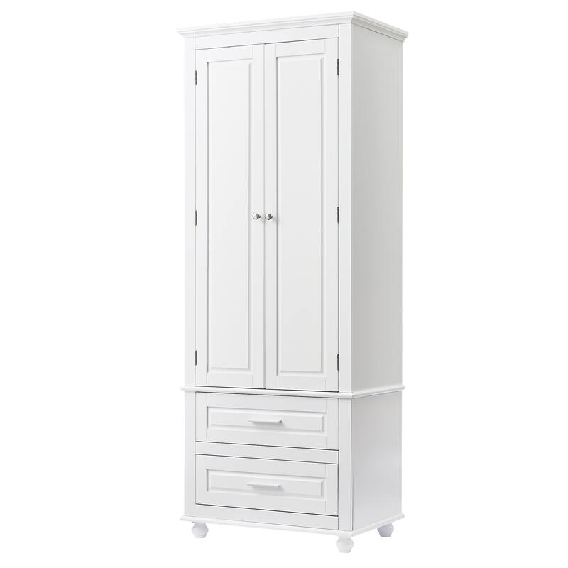 Roomfitters 64" Tall Bathroom Storage Cabinet, Modern MDF Linen Tower with 2 Large Drawers & Adjustable Shelves, White