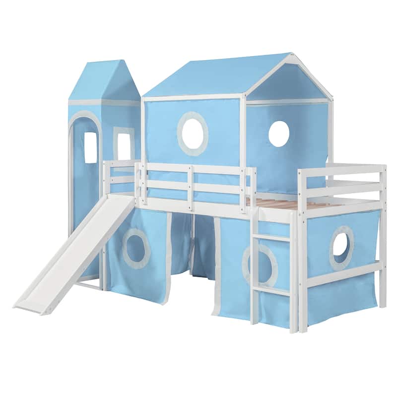 Full/Twin Size Loft Bed with Slide, Pink Tent, Tower, Playhouse Design - Sturdy Solid Wood Construction, Storage Space