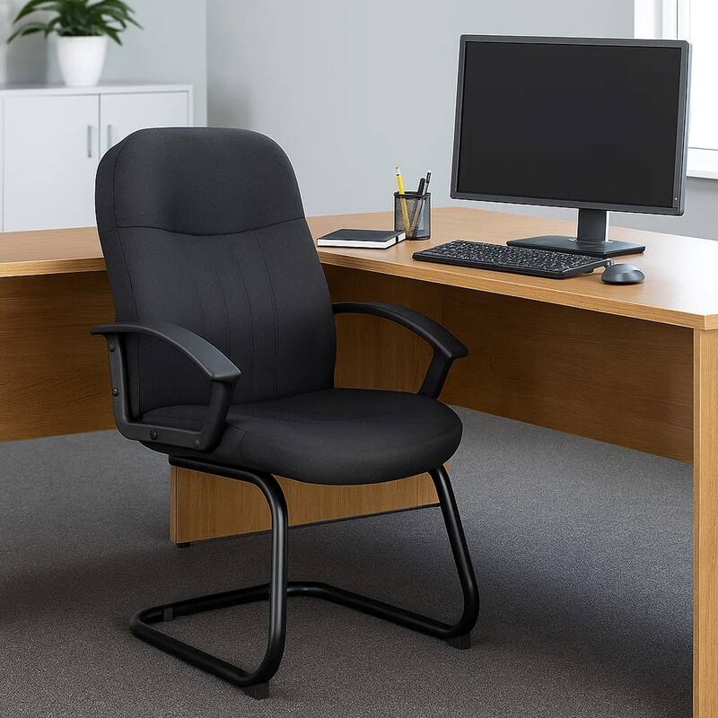 Qien Mid-Back Guest Chair, Steel Cantilever Base, Black Crepe Fabric