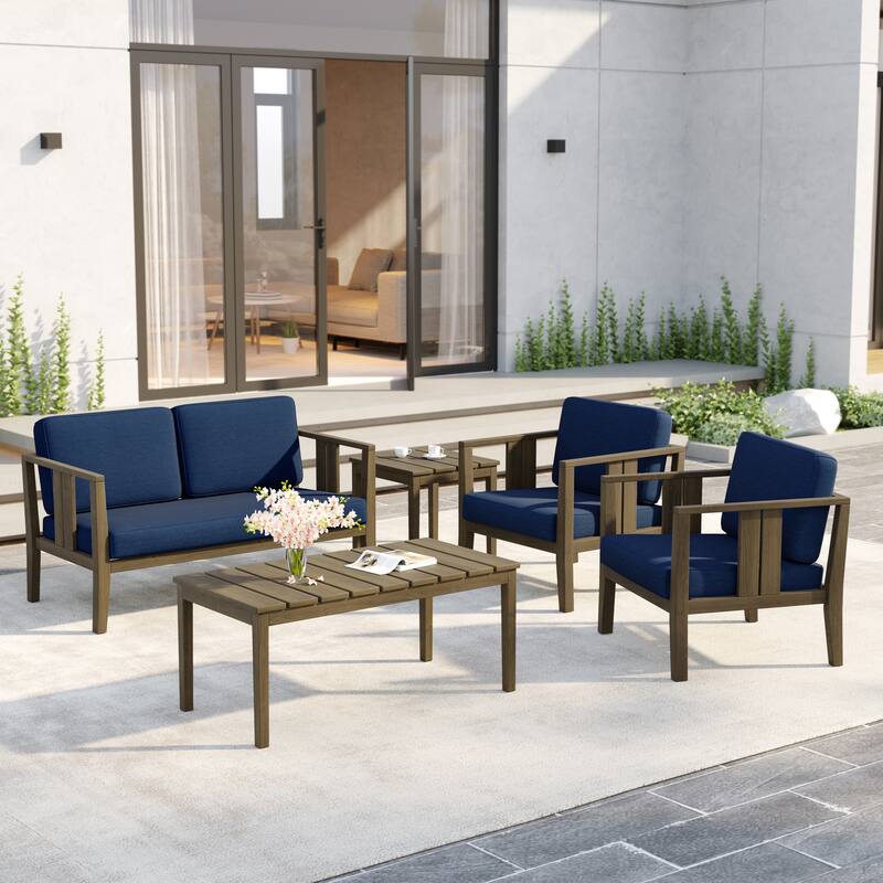 5-Piece Patio Furniture Solid Teak Outdoor Conversation Set