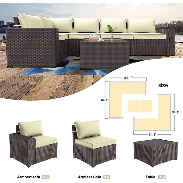 dimension image slide 3 of 5, Kullavik 12 Pieces Outdoor Patio Furniture Set Sectional Rattan Sofa Set with Tempered Glass Table