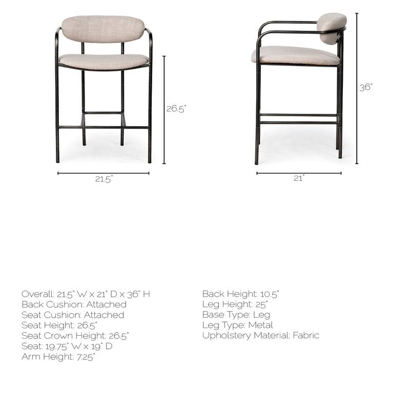 Parker Beige Fabric Seat with Dark Grey Metal Frame Counter Stool - 19.7L x 20.9W x 35.8H