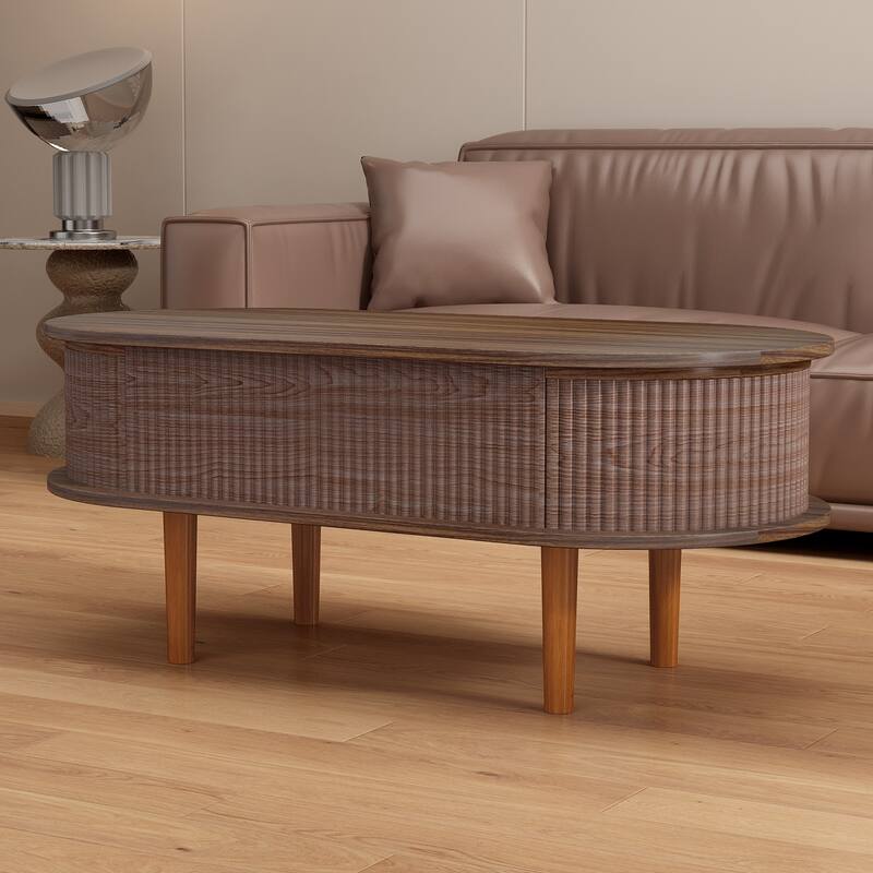Minimalist Fluted Lift Top Coffee Table with Hidden Compartment, Walnut End Table Side Table Center Table - Walnut