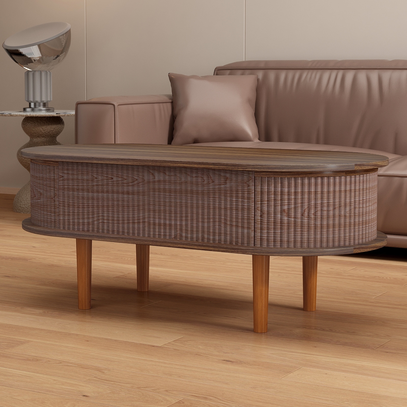 Minimalist Fluted Lift Top Coffee Table with Hidden Compartment, Walnut End Table Side Table Center Table