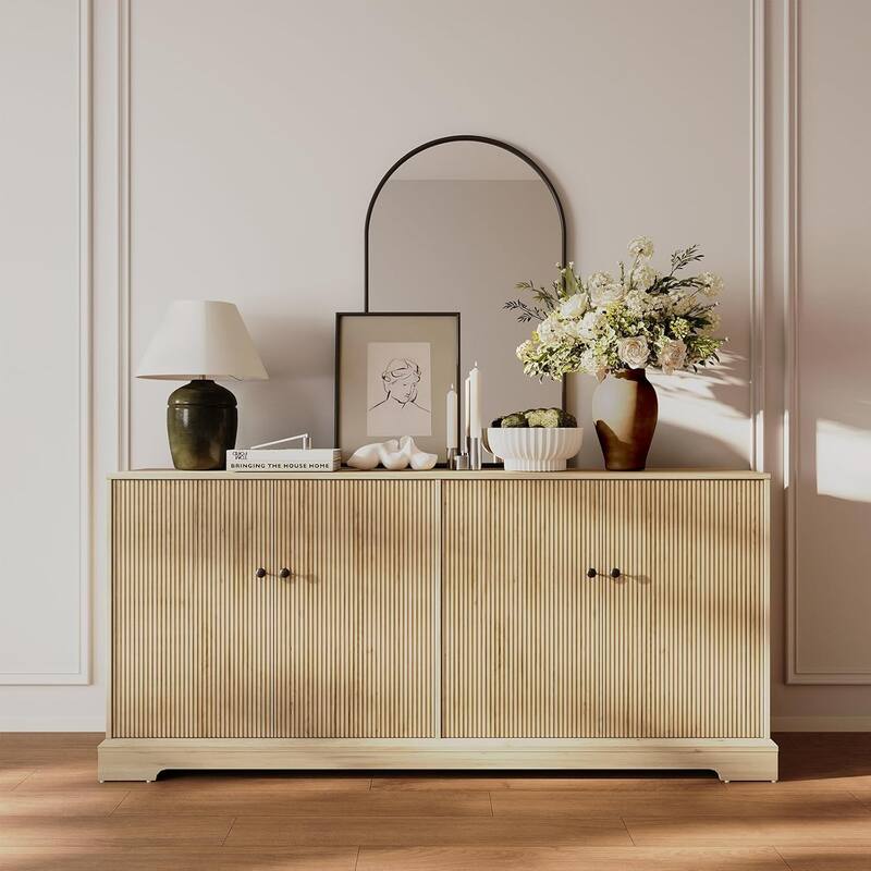 Mid-Century TV Stand Sideboard Cabinet with 4 Fluted Doors Storage & LED Light