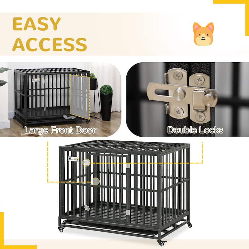 Heavy Duty Dog Crate with Lockable Wheels, Large Metal Dog Kennel Cage for Large Dogs, Pet Crate with Removable Tray