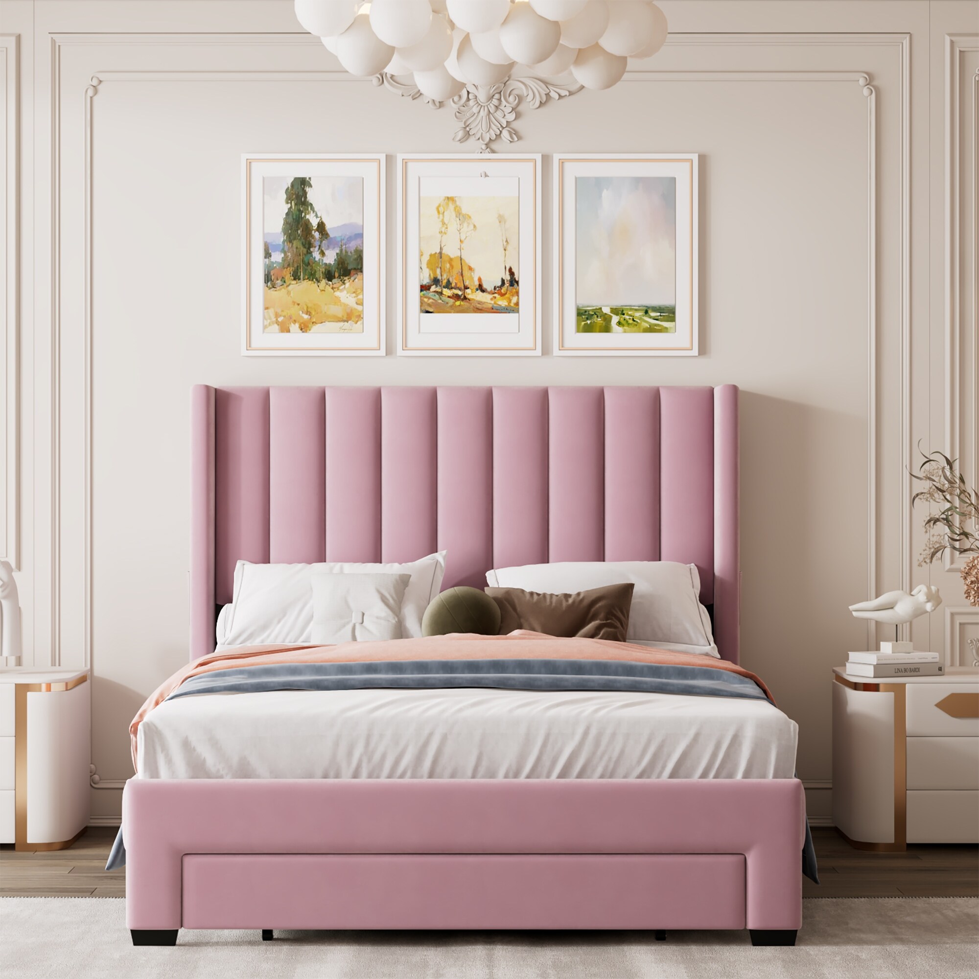 Full Size Storage Bed Velvet Upholstered Platform Bed with a Big