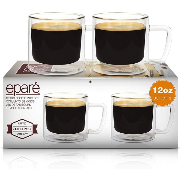 Epare Retro Coffee Mugs 12oz Clear Glass Double Wall Cups Set of 2. Opens flyout.