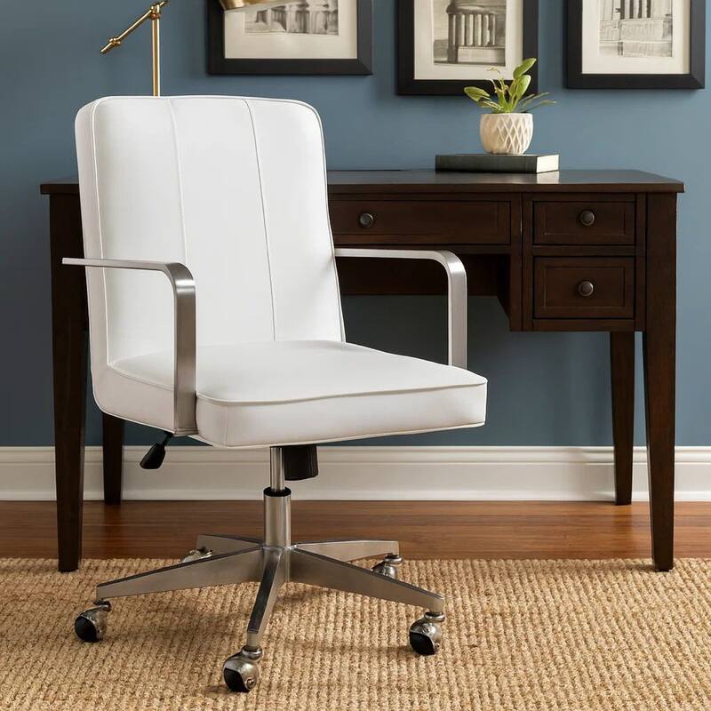 Rux 26 Inch Office Swivel Chair, White Faux Leather, Rolling Steel Base