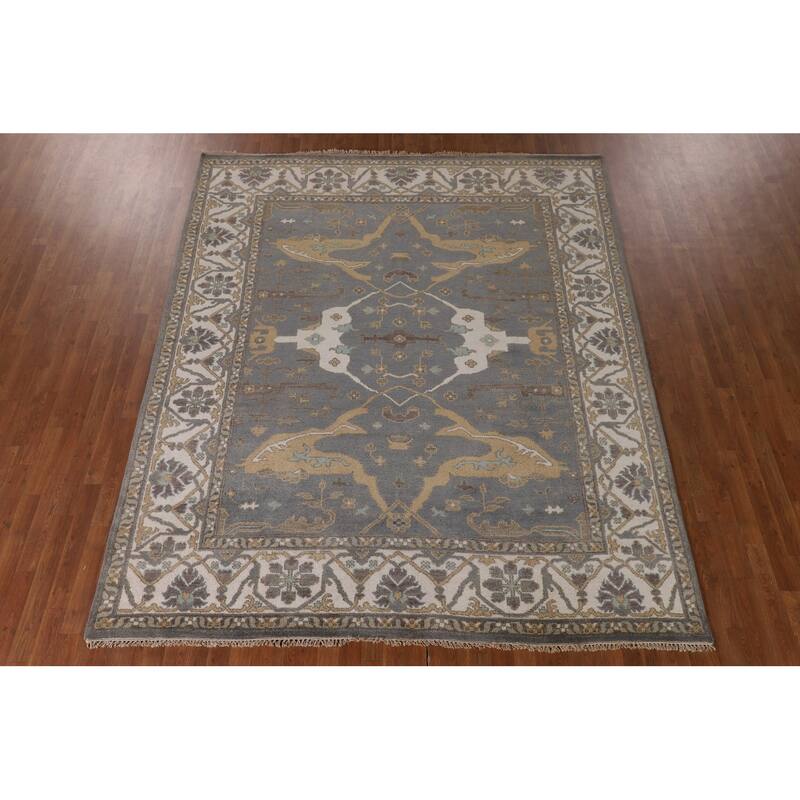Gray Oushak Indian Area Rug Hand-Knotted Wool Carpet - 8'1"x 9'9"