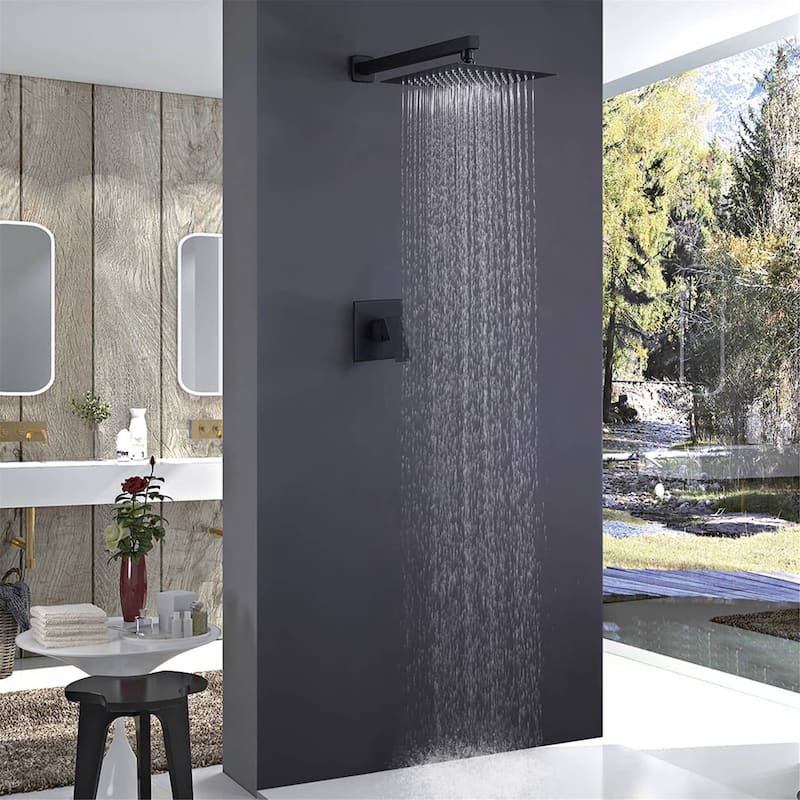 Wall Mount Shower Faucet Set Complete Bathroom Matte Black Shower System 10 Inch Shower Head Trim Kit With Rough-in-Valve - Matte Black