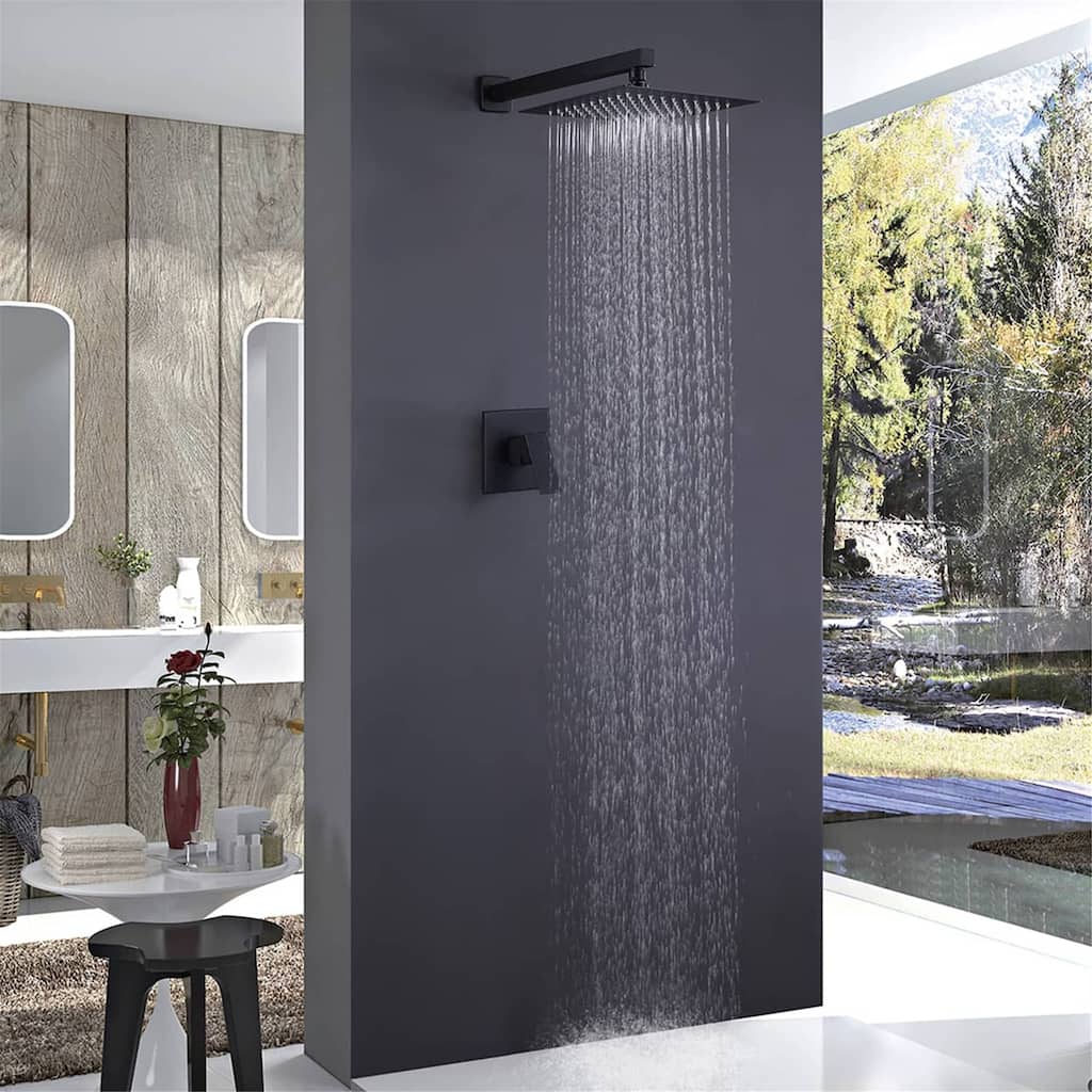 Wall Mount Shower Faucet Set Complete Bathroom Matte Black Shower System 10 Inch Shower Head Trim Kit With Rough-in-Valve