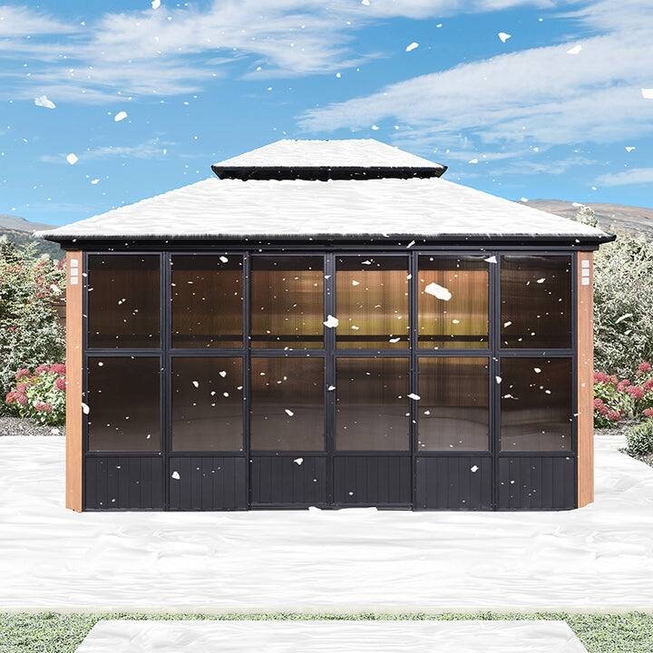 PURPLE LEAF Double Top Outdoor Sunroom Screen House Patio Hardtop Gazebo Wood Grain