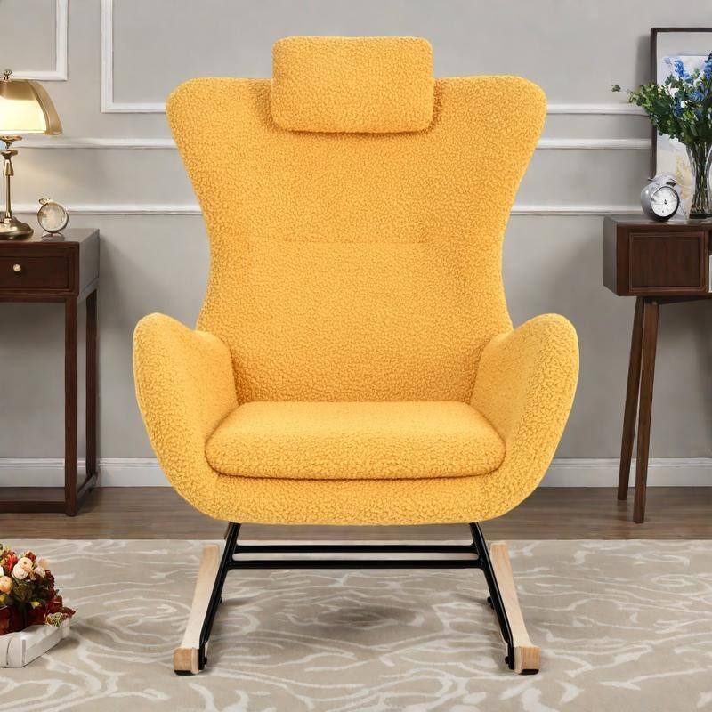 Polyester Glider Chair with Adjustable Headrest and Storage Pocket, Rubber Wood Base - Yellow