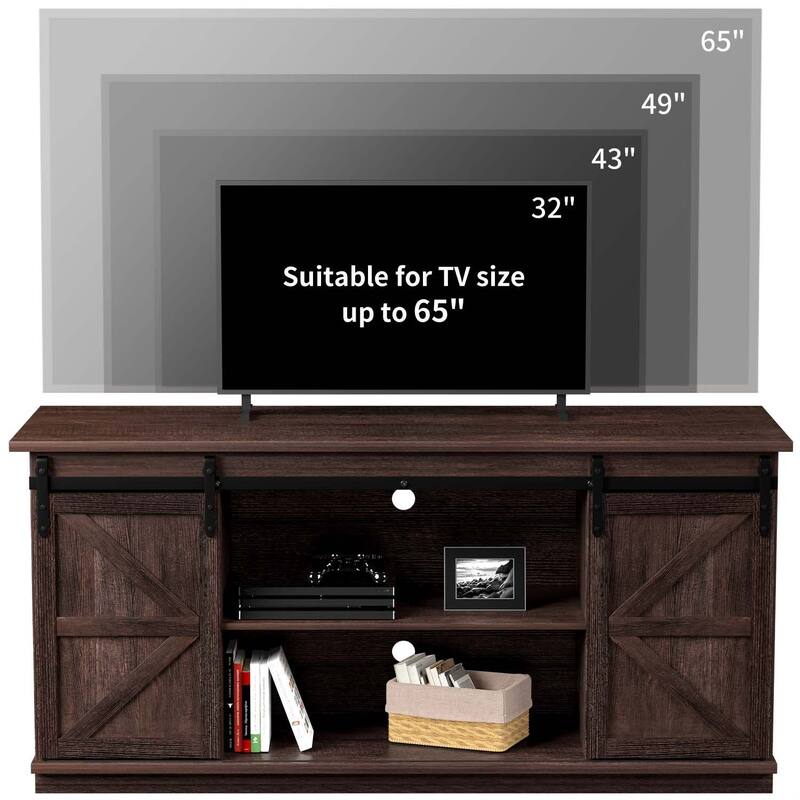 TV Stand 2 -shelf for TVs 43'' up to 65''. Simple living and Modern Mid-century, farmhouse barn door -easy to store something