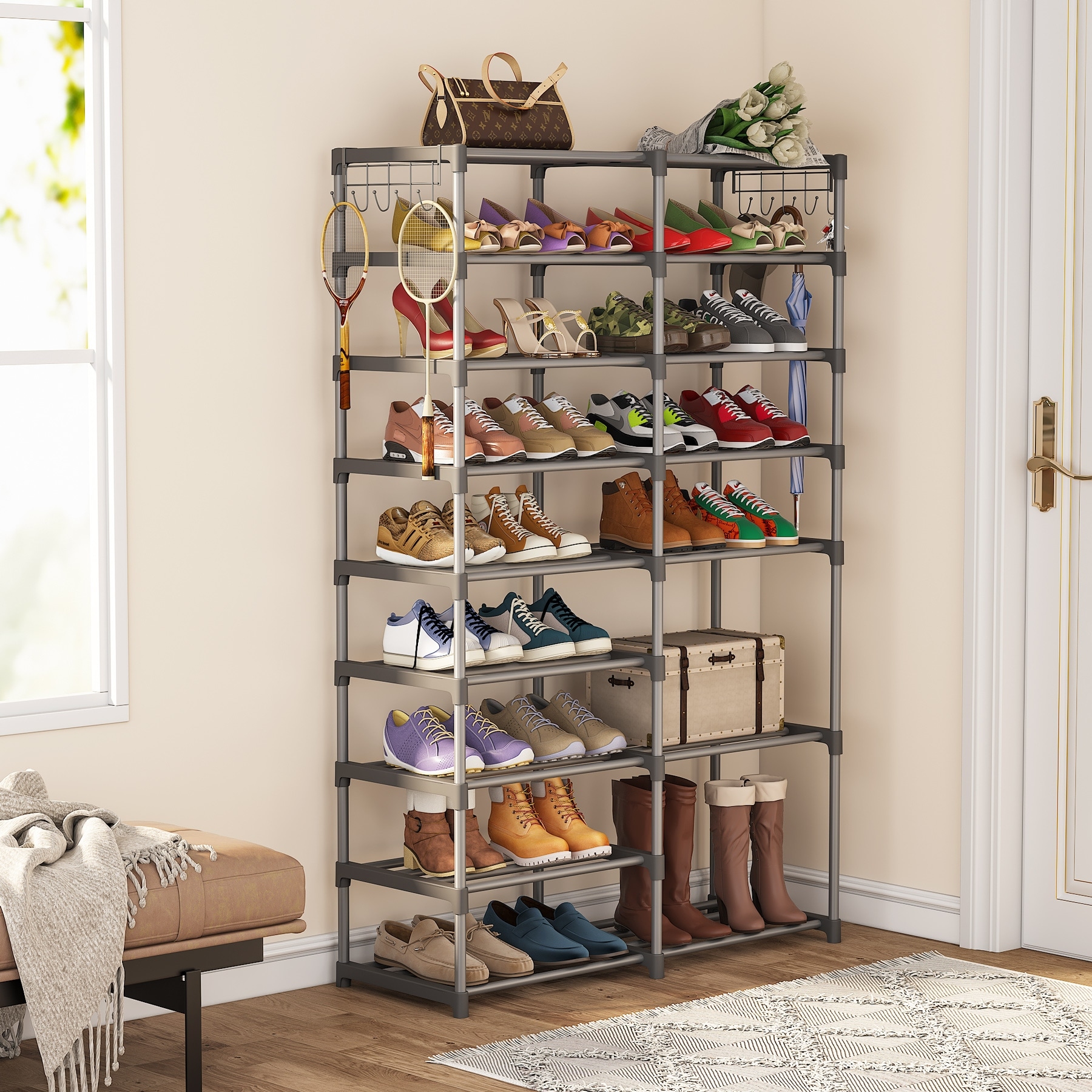 32-40 Pairs Shoe and Boot Storage Shelf Rack Organizer with Hooks,9 Tiers Stackable  Shoes Stand Tower for Closet - 9-Tier - Yahoo Shopping