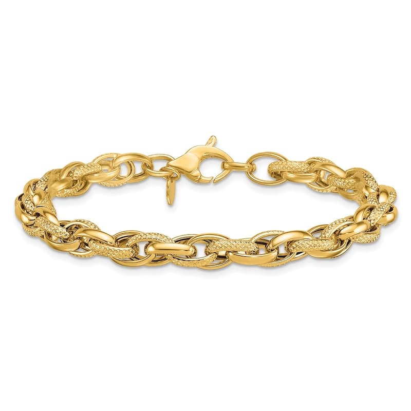 Curata Solid 18k Yellow Gold 7.5" 6.3mm Textured and Polished Woven Links Bracelet