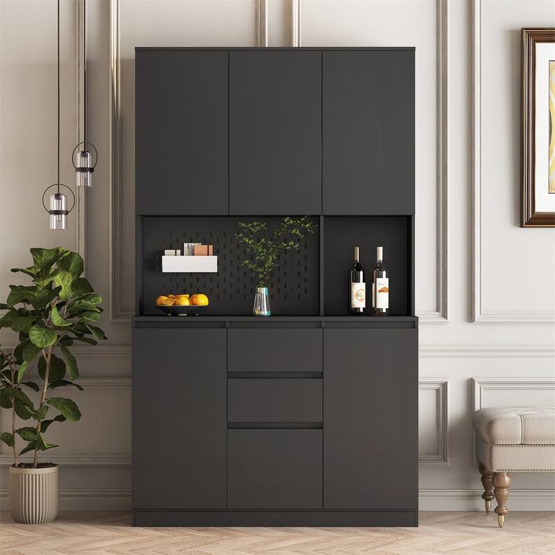 Kitchen Pantry Cabinet with Microwave Stand and 2 Drawers, Freestanding Buffet Cupboards Sideboard with Charging Station - Black