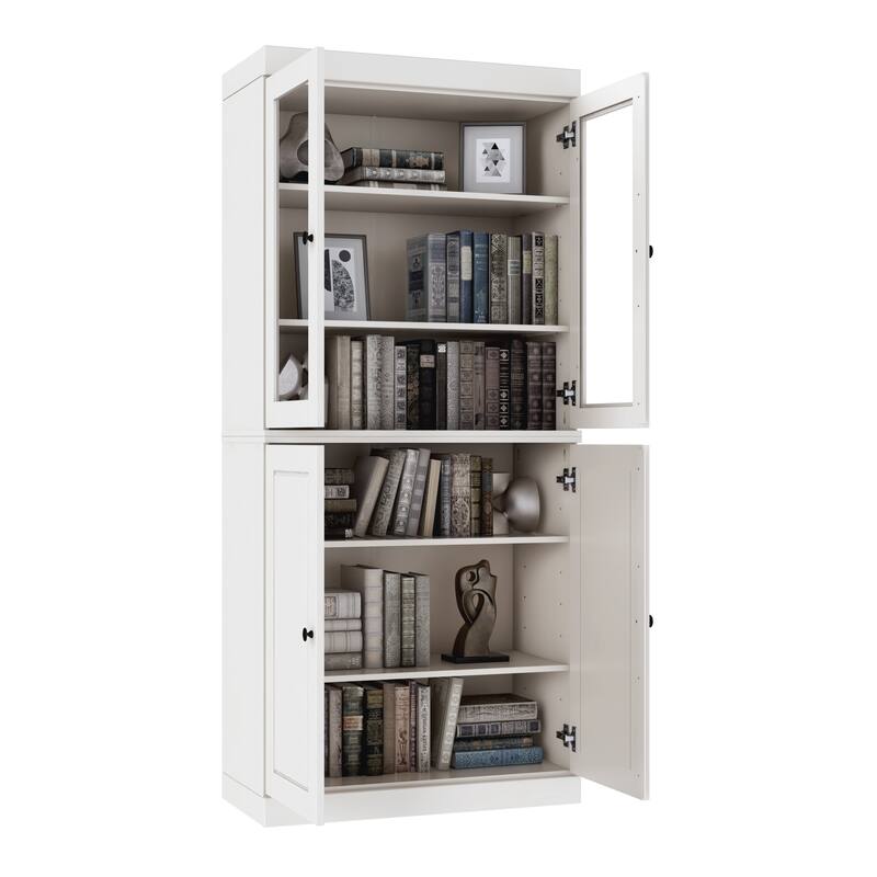 Palace Imports Solid Wood 6-Shelf Bookcase, Raised Panel Clear Glass Doors, Adjustable Shelves