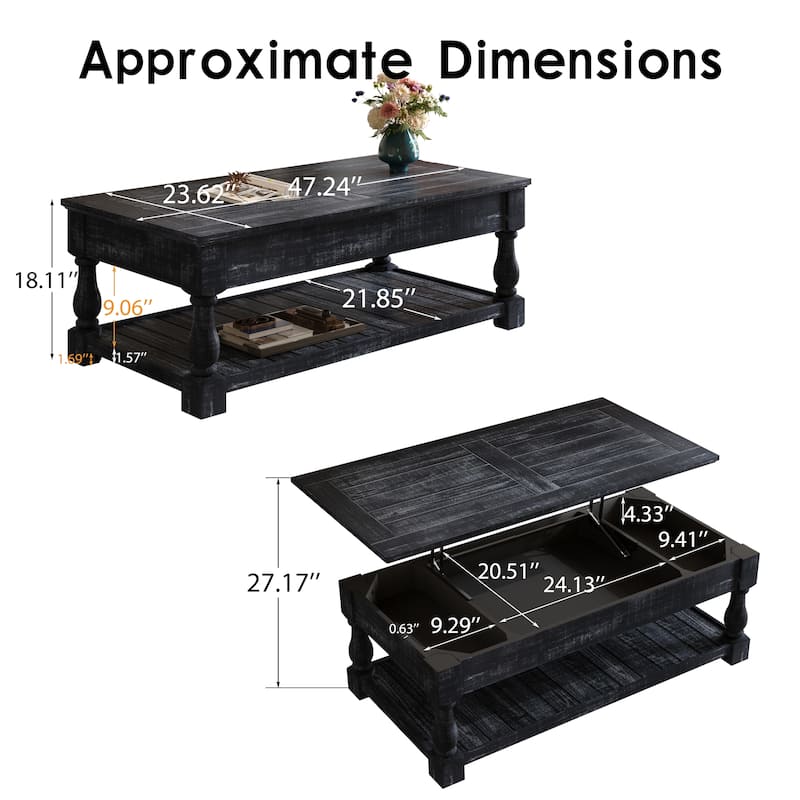 47" Farmhouse Lift Top Coffee Table with Fixed Shelf and 3 Hidden Storage Trays