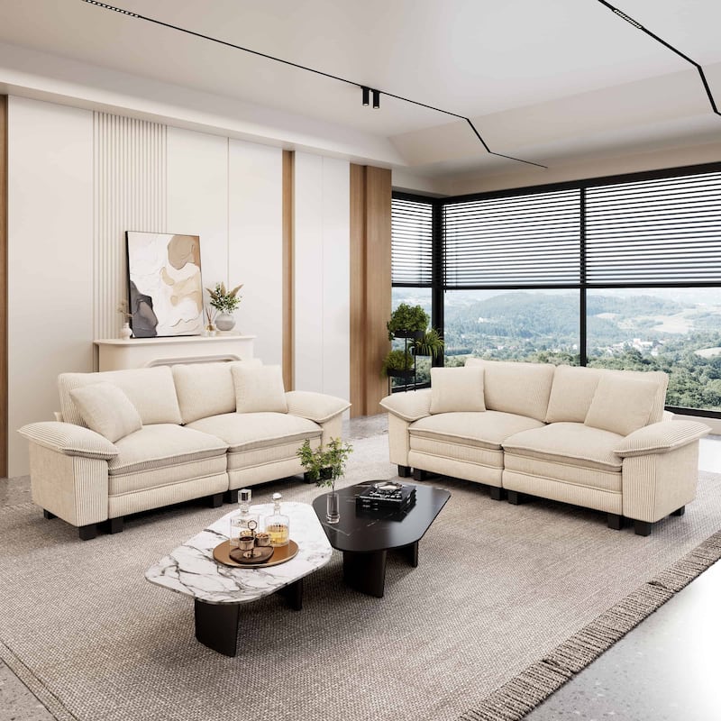 MAISON ARTS 2-Piece Chenille & Corduroy Sofa Set, Comfy 3/4/5-Seater Modular Loveseat & Armchair with Throw Pillows - Beige Corduroy(4 Pieces) - Left Facing