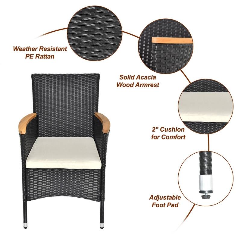 Outdoor 7-Piece Wicker and Acacia Wood Dining Set with Beige Cushion