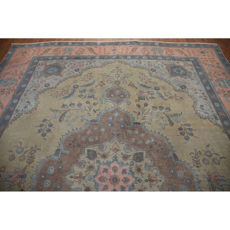 Hand Knotted Oriental 100% Wool Carpet Traditional Floral Green Tabriz Area Rug - 12' 0'' X 9' 4''