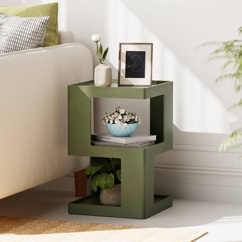 COZAYH Farmhouse Geometric Wood End Table, Distressed Accent Side Table with Two Storage Space, 3-Layer Cube Design