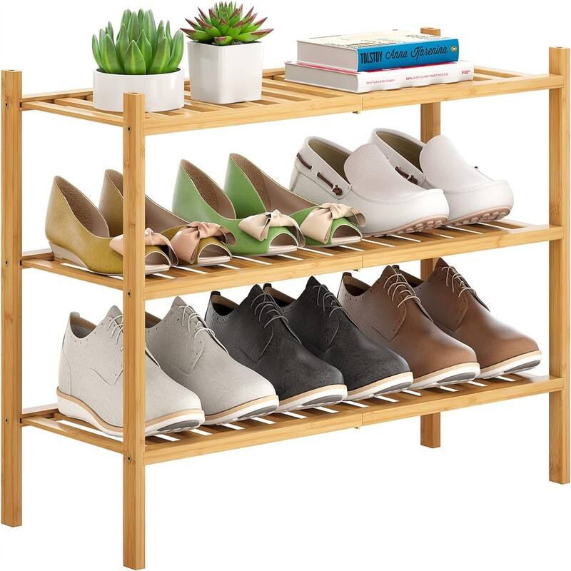 Bamboo Shoe Rack Stackable Shoe Shelf Storage Organizer for Unit Entryway - 11"D x 27"W x 18.3"H - Natural