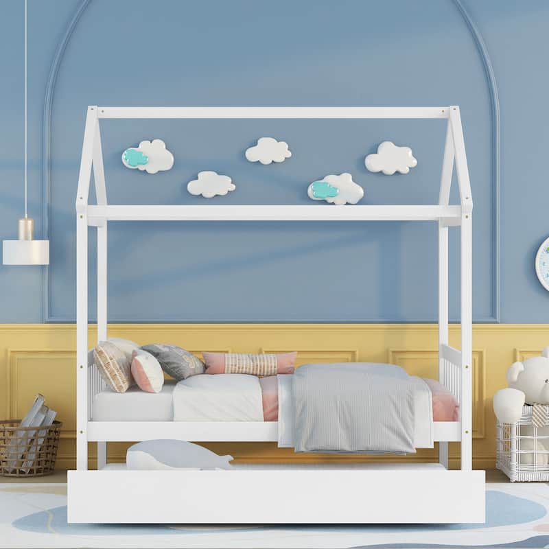 White Twin Solid Wood House Bed with Trundle & Roof