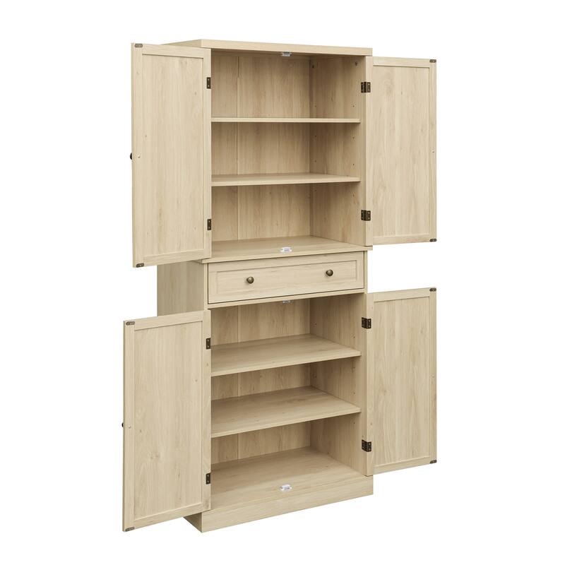 Pantry Cabinet with 4 Rattan Doors & 1 Drawer, Buffet Cabinet with Adjustable Shelves, Freestanding Wooden Storage Cabinet
