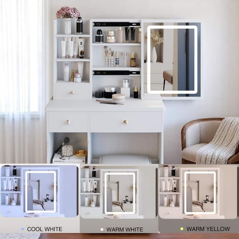 KISRAIS Fashion Vanity Desk with Mirror and Lights, 3 Color Lighting Brightness Adjustable