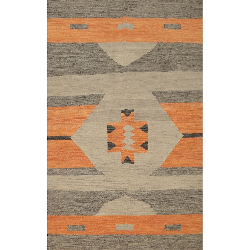 Hand Woven Oriental 100% Wool Carpet Southwestern Tribal Greys & Charcoal Kilim Area Rug - 5' 10'' X 4' 1''