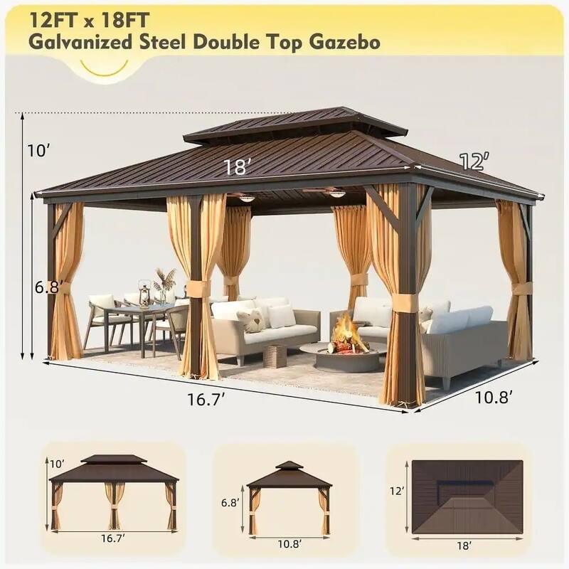 Outdoor Hardtop Gazebo with Double Galvanized Steel Roof & Aluminum Frame, Featuring Curtains and Netting for Added Comfort