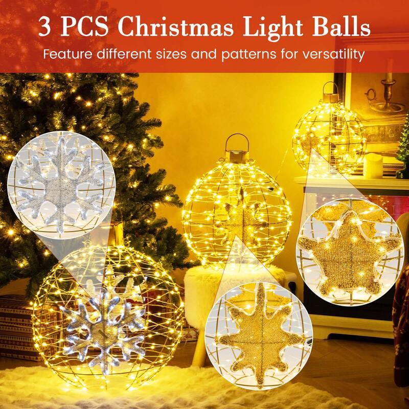 Costway 3 PCS Pre-Lit Lantern Balls with 732 Bright LED Lights Zip - Gold - See Details