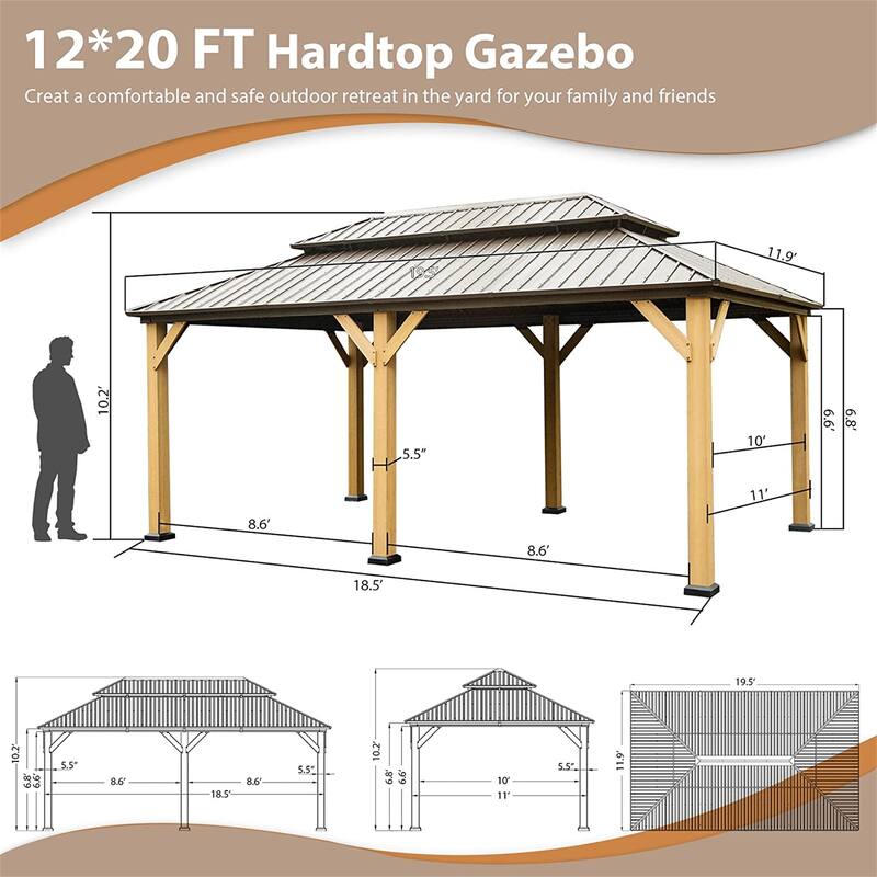 GDFStudio - Harper Outdoor Gazebo with Cedar Wood Frame and Galvanized Steel Double Roof