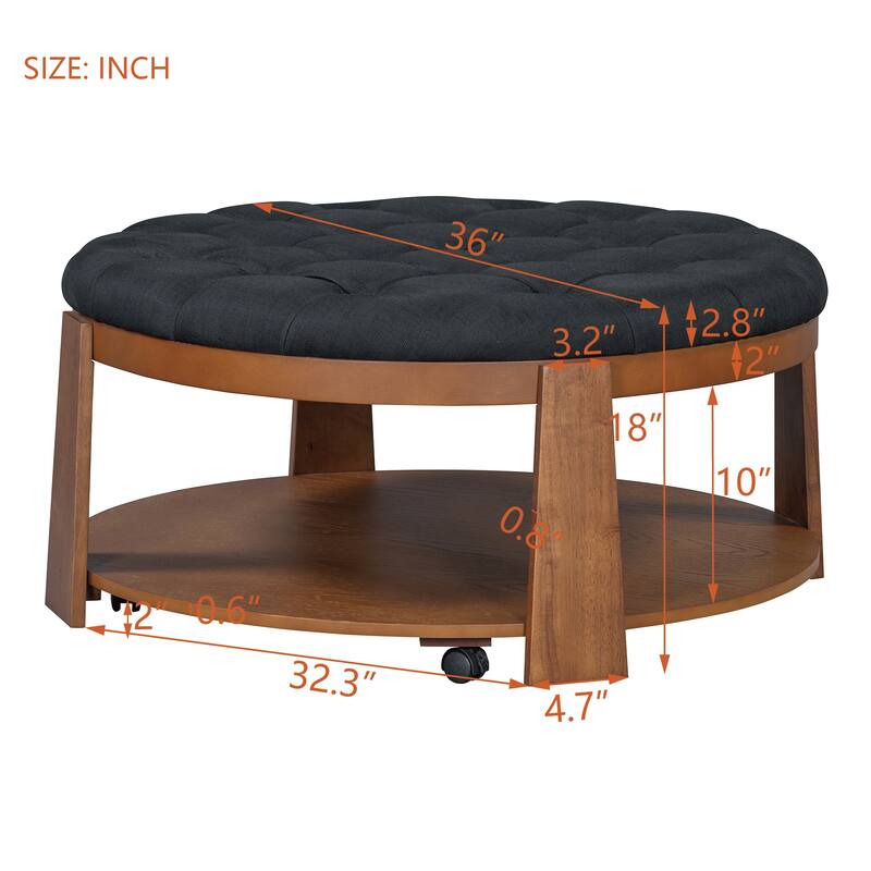 Large Round Ottoman Coffee Table with 2-Tier Storage, Button Tufted and Wheels