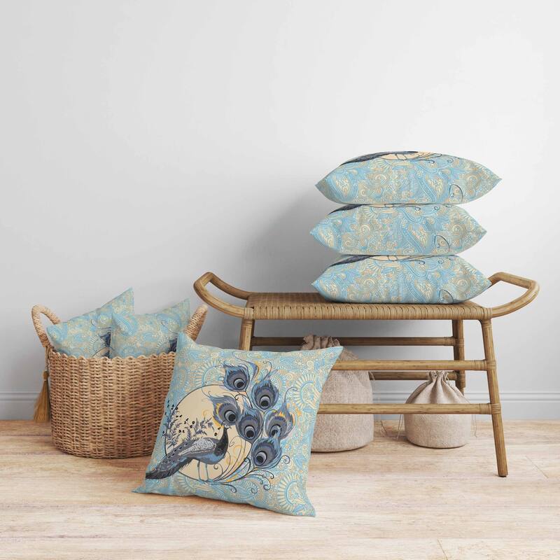 Paisley Peacock Dreams Faux Suede Reversible Throw Pillow Skyblue and Dutch
