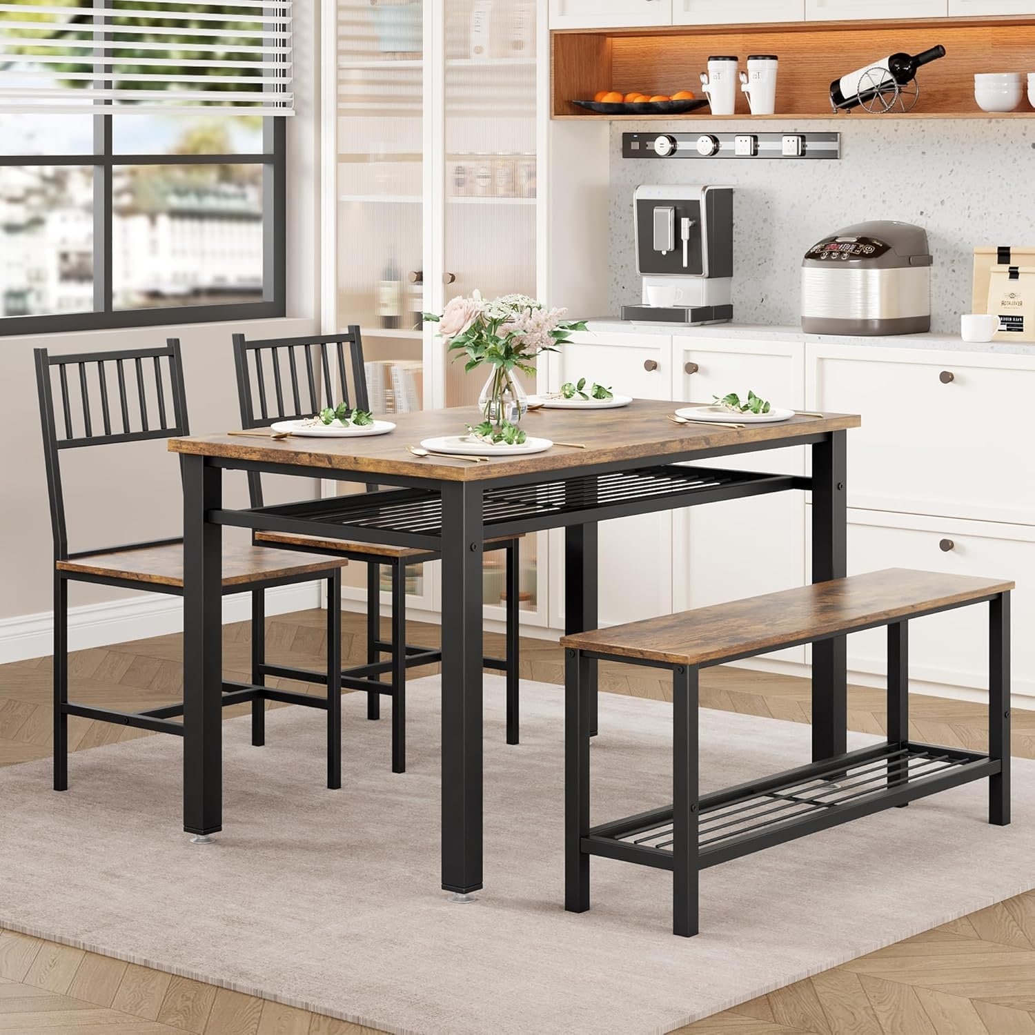 4-Piece Dining Table with 2 Chairs and 1 Bench for 4