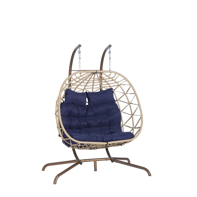 Double Rattan Egg Chair with Stand and UV-Resistant Cushions and Iron Frame - Outdoor Hanging Swing (600lb Capacity)