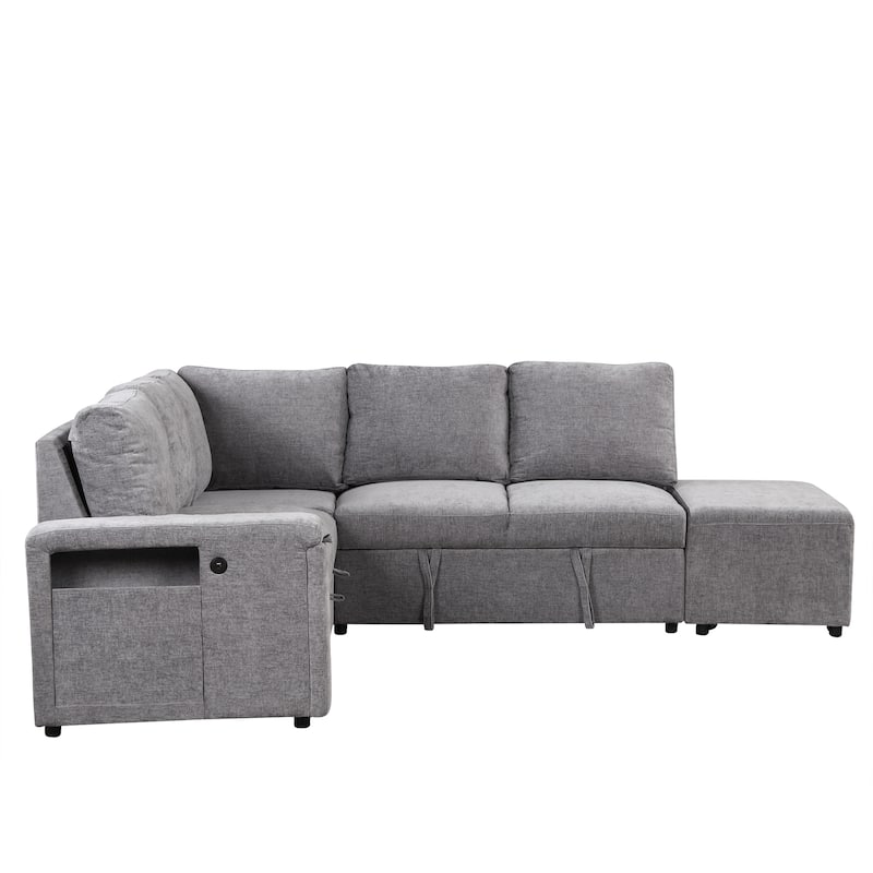 Grey 90.6'' L-Shaped 6-Seat Modular Sofa with Built-In Storage and USB Ports
