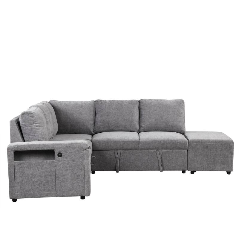 Grey 90.6'' L-Shaped 6-Seater Sofa with Storage, USB Ports & Cup Holders, Perfect for Living Room or Office