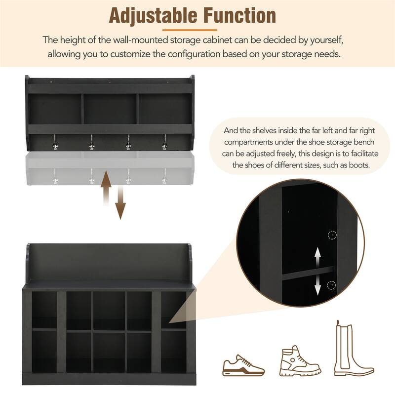 Shoe Storage Bench with Shelves and 4 Hooks