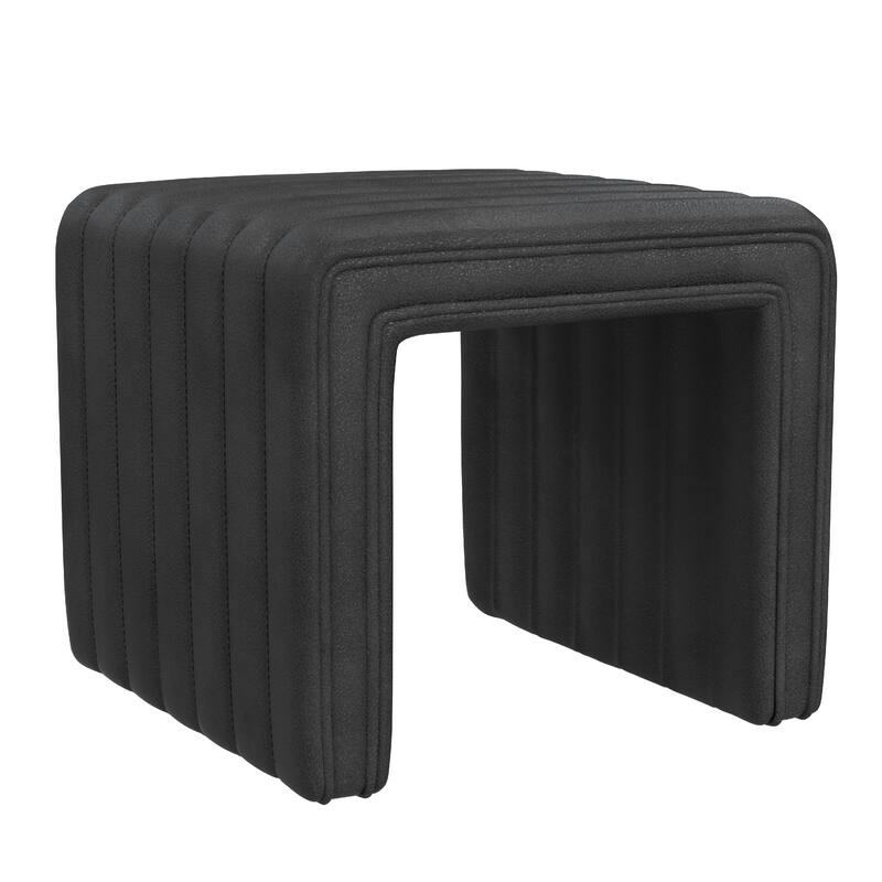 Ada Footstool Ottoman, Channel Tufted Black Faux Leather, 19 Inch