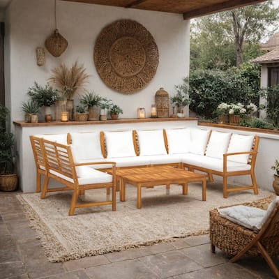 9pc Outdoor Patio Modular Sofa Set w Table, Solid Acacia Wood, White